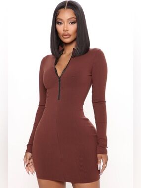 Fashion Nova - Chestnut Ribbed Long-Sleeve Zip-Front Mini Dress, Small